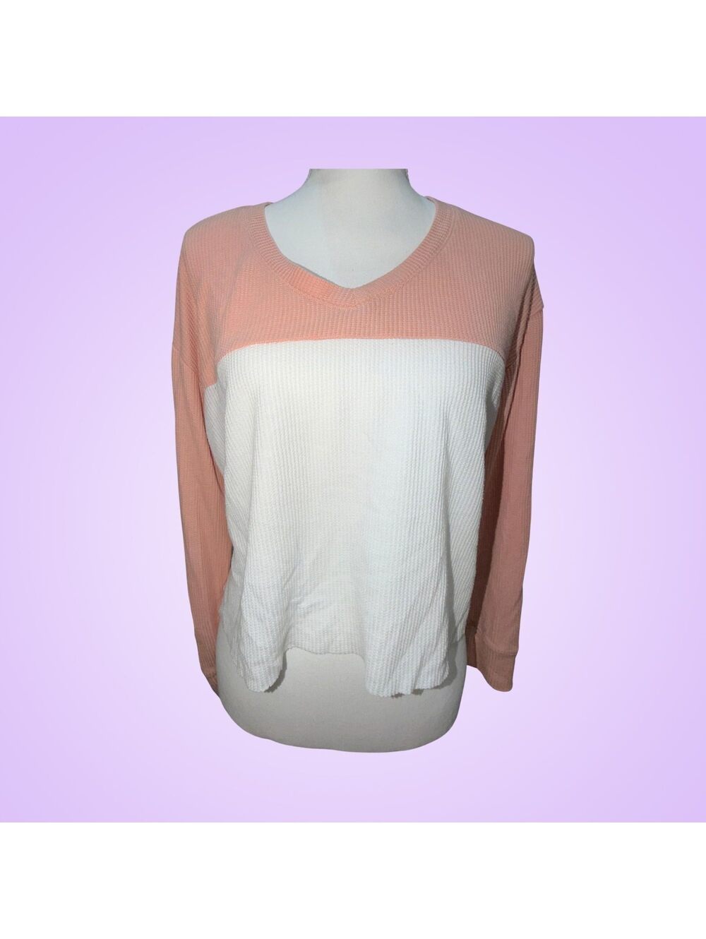Hollister Womens XS Peach White Colorblock Waffle Knit V Neck Long Sleeve Top